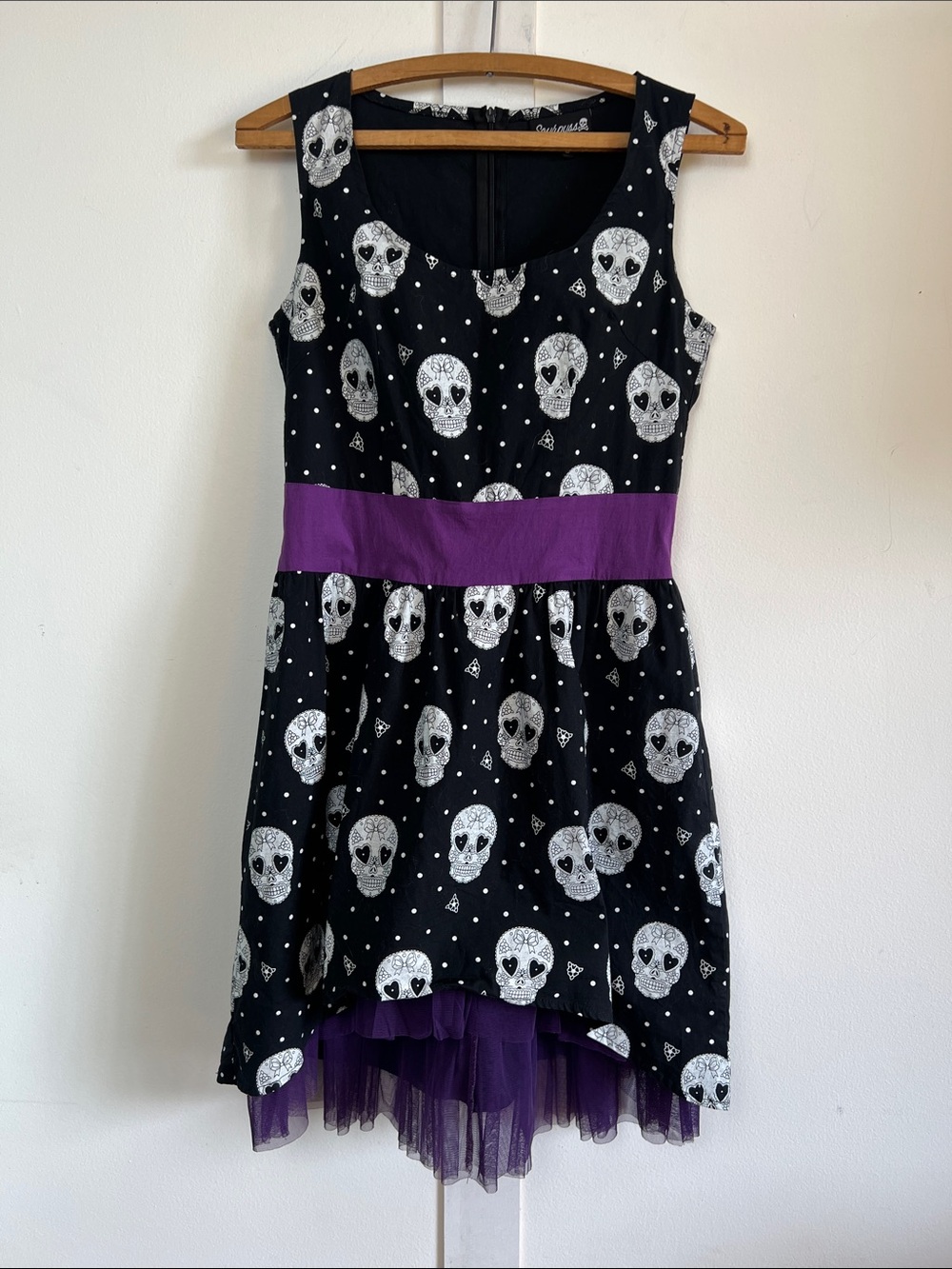 Sourpuss Black Sugar Skull polka dot High-Low Dress with Purple Waistband Y2K